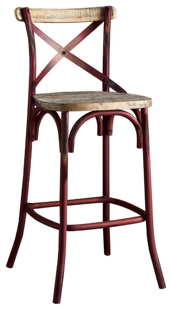 Benzara BM280275 Modern Bar Height Chair, Footrest,xBackrest, Wood, Red, Oak
