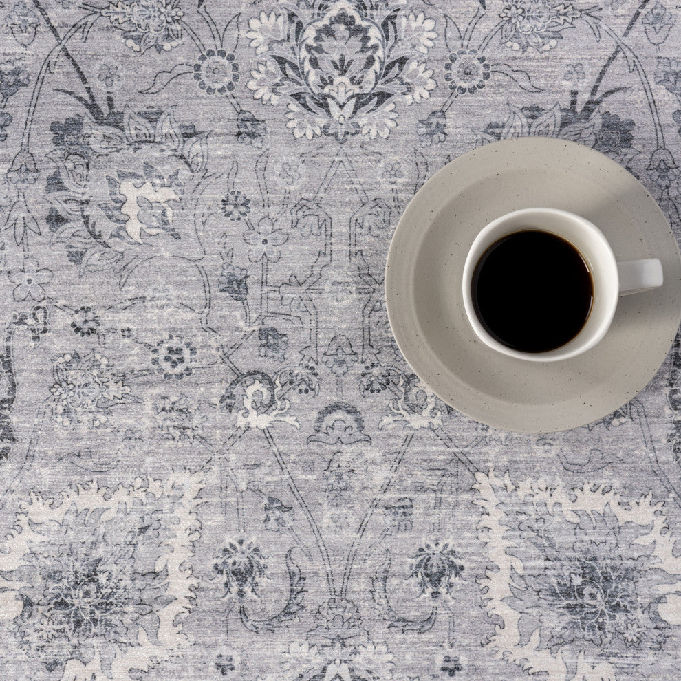 Bayberry Spill Proof Vintage Machine Washable Area Rug, Light Grey 5'x8'