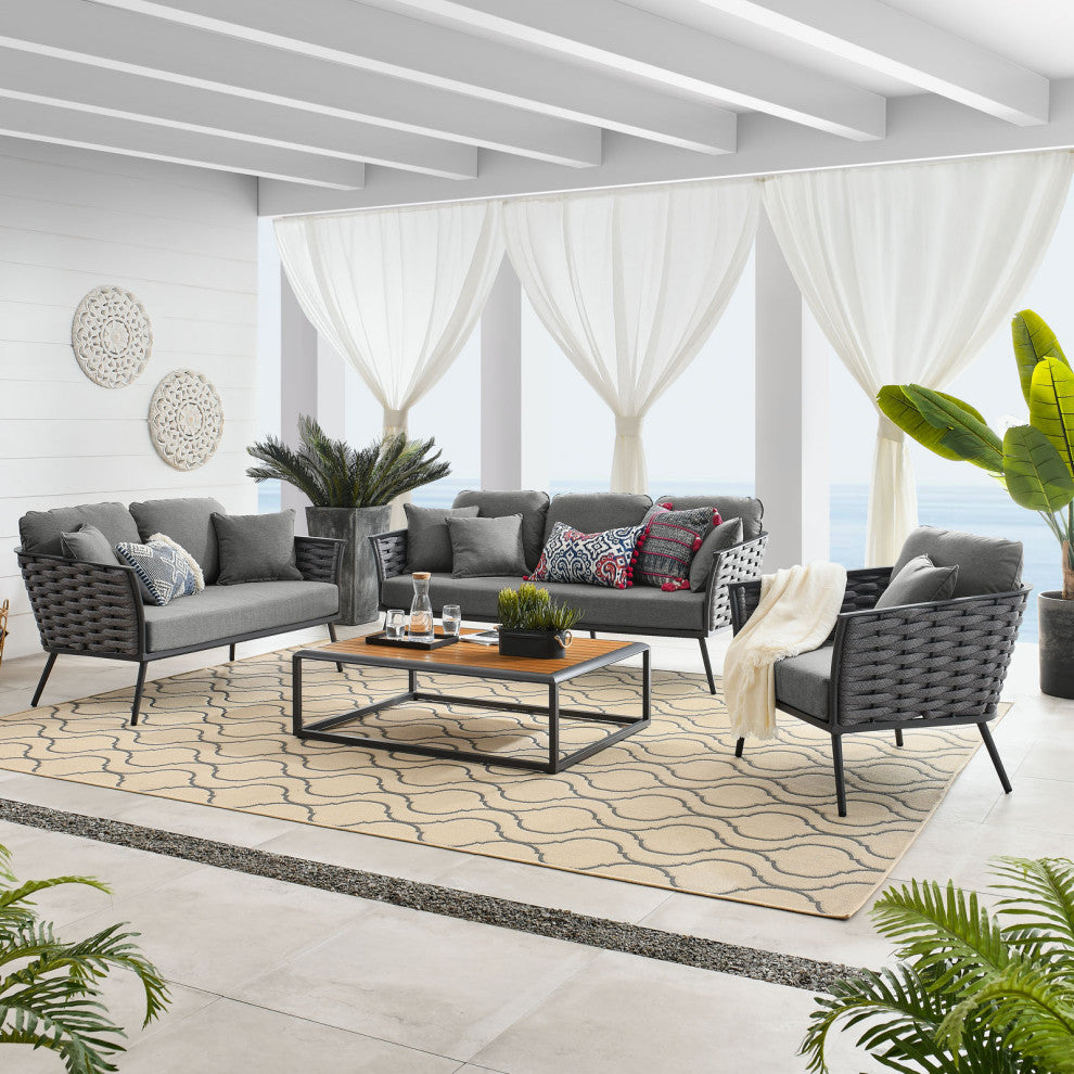 Lounge Sectional Sofa Chair Table Set, Aluminum, Modern, Outdoor, Gray