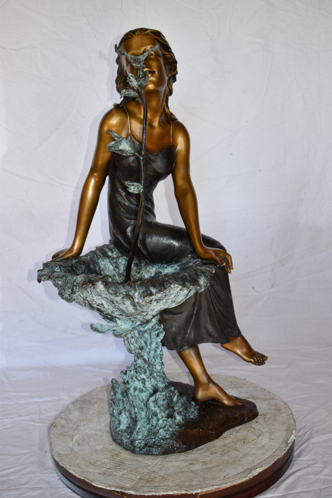 Beautiful Young Girl by A Hummingbird Bath Bronze Statue Size: 22" x 17" x 39"