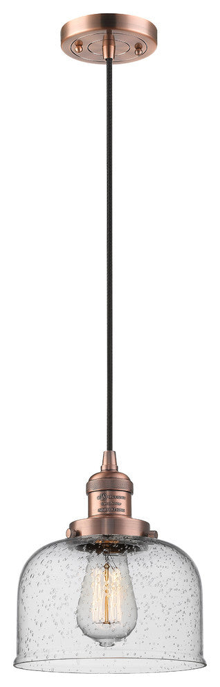 Large Bell 1-Light LED Pendant, Antique Copper, Glass: Seedy