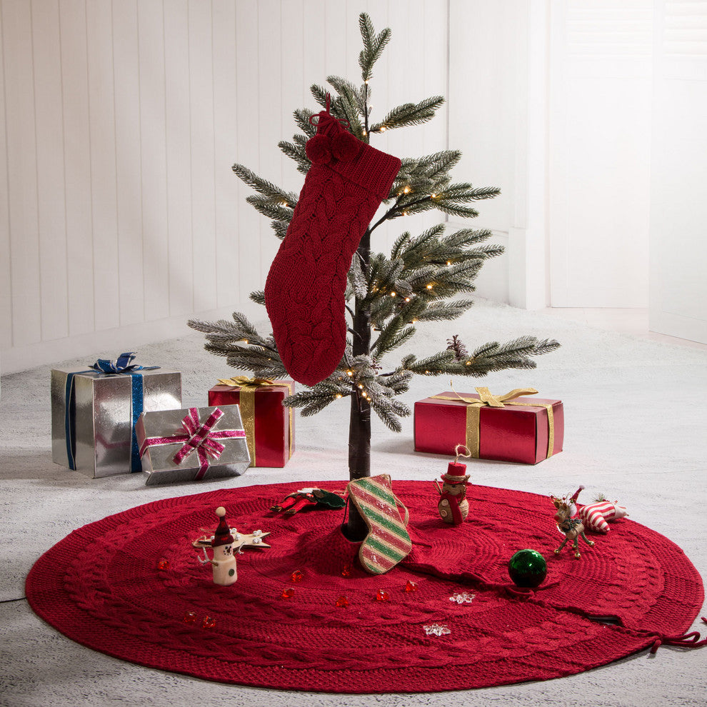 2-Piece Knitted Polyester Christmas Stocking and Tree Skirt, Red
