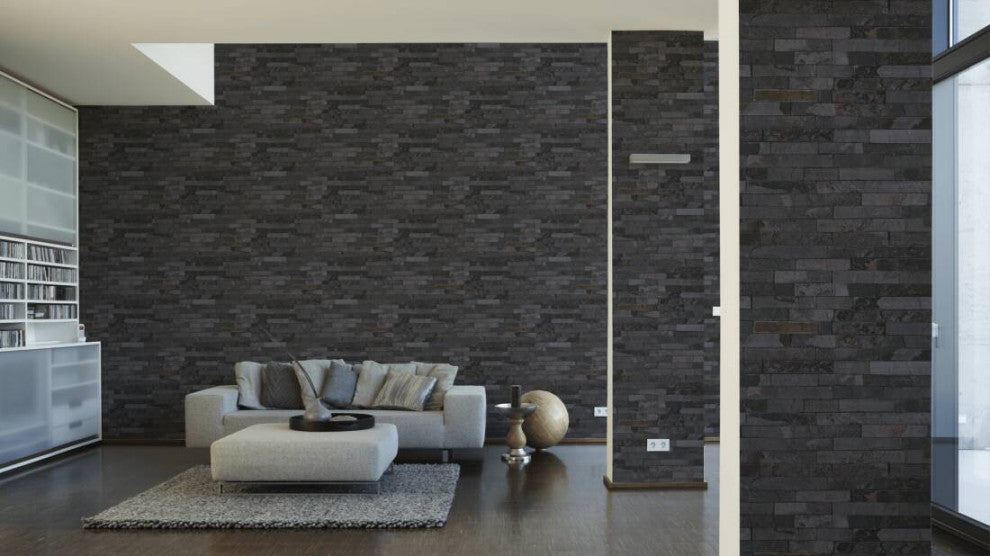 Faux Textured Wallpaper, Stone Wall, Black Gray, One Roll