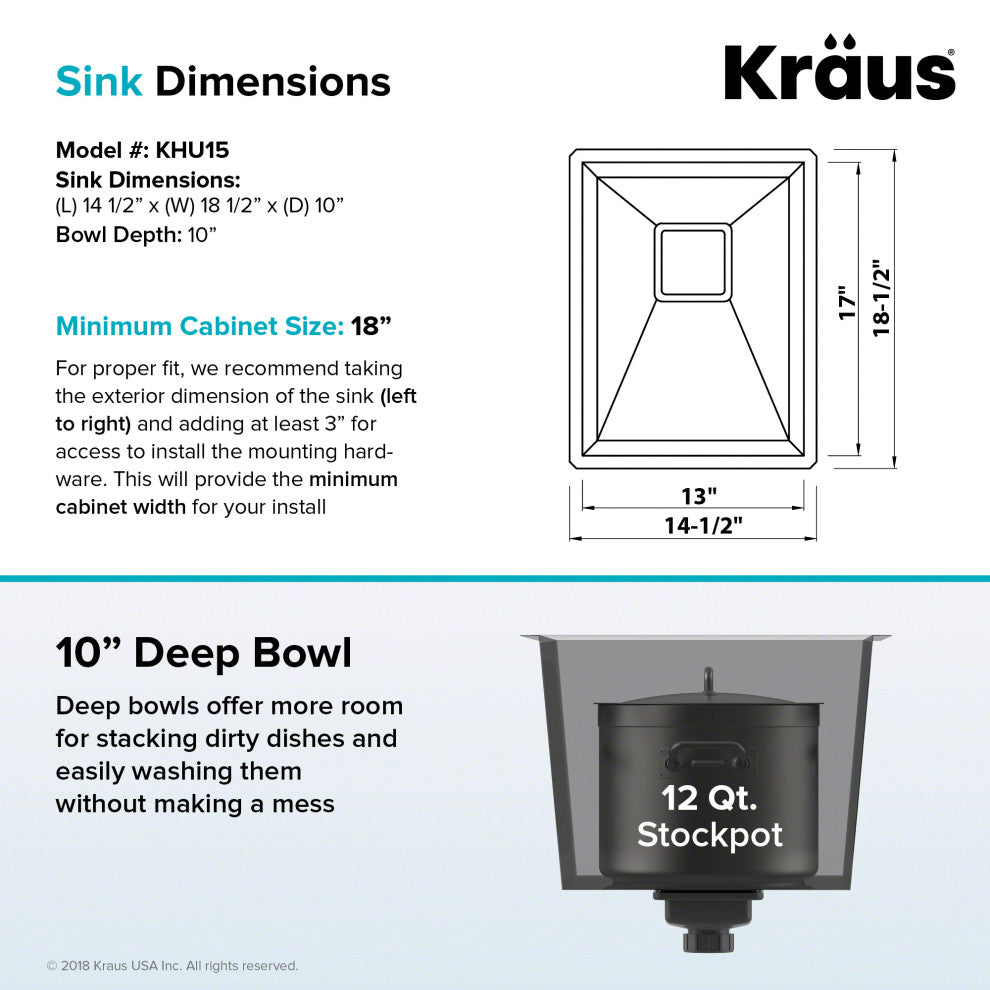 KHU15 Kraus 14 1/2" Bowl Stainless Steel Rectangular Bar/Prep Kitchen Sink
