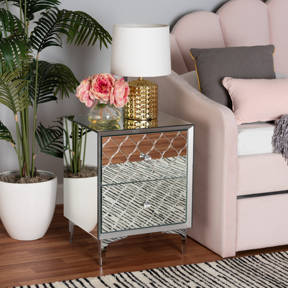 Kacela Silver Finished Metal 2-Drawer Nightstand with Mirrored Glass