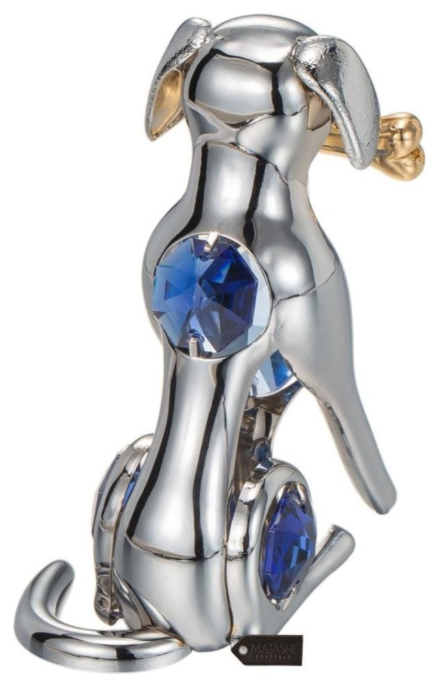 Chrome Plated Silver Dog and Bone With Blue Crystals