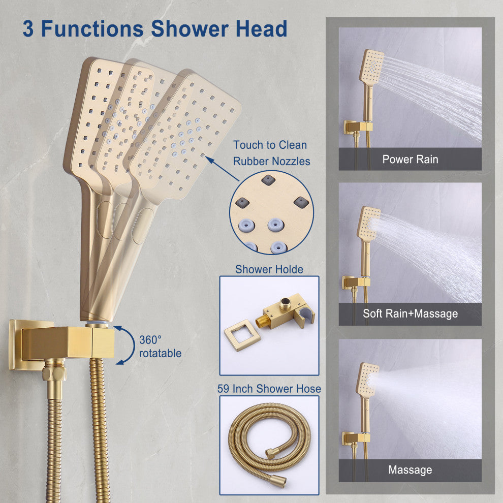 12" Rain Shower System with Handheld and Tub Faucet Mixing Valve Celling Mount