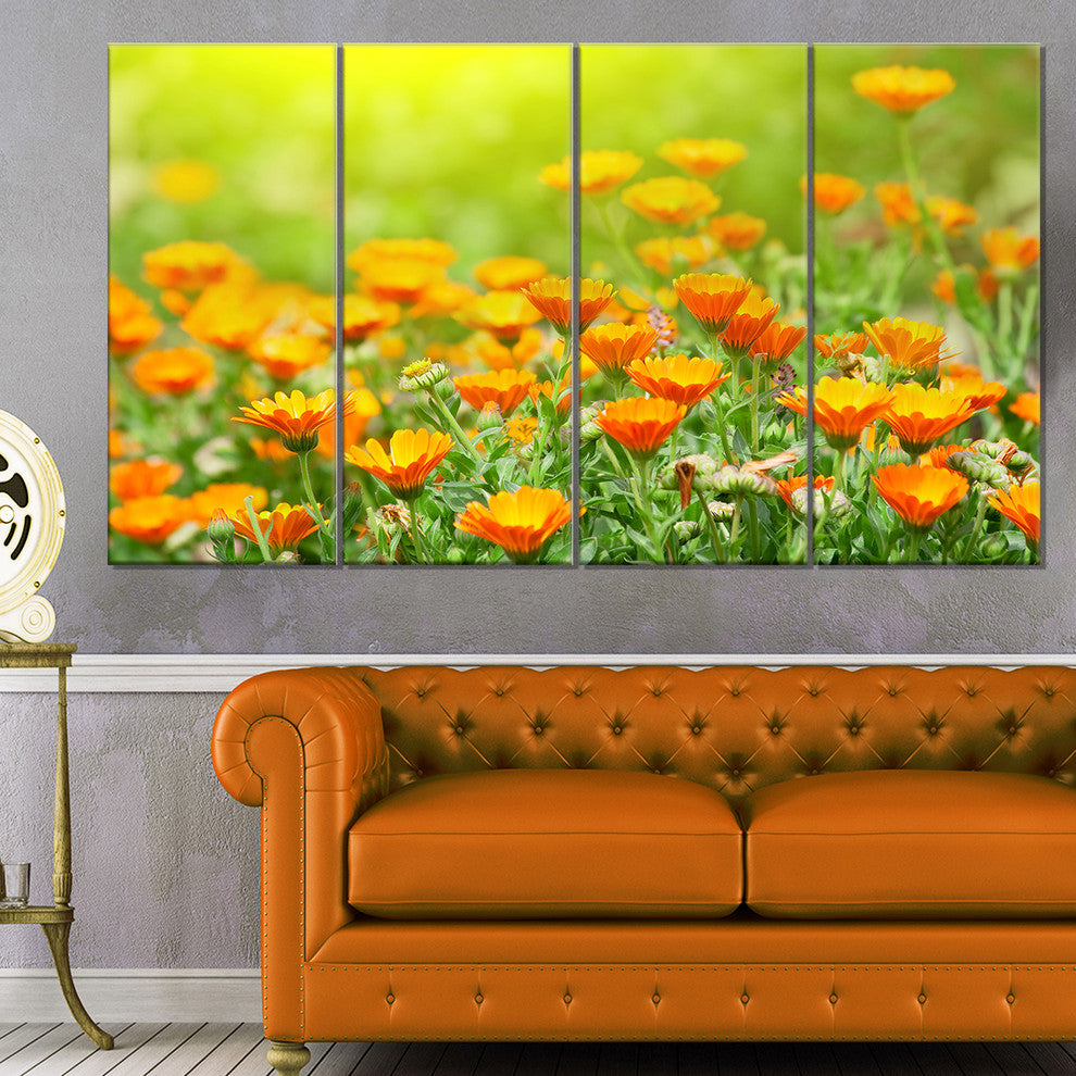 Yellow Marigold Flowers, Floral Canvas Art Print, 48"x28", 4 Panels