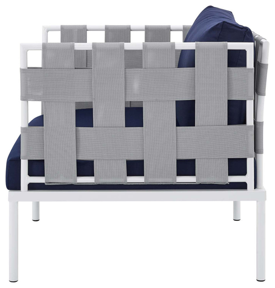 Sectional Sofa Chair Table Set, Sunbrella, Aluminum, Gray Blue Navy, Outdoor