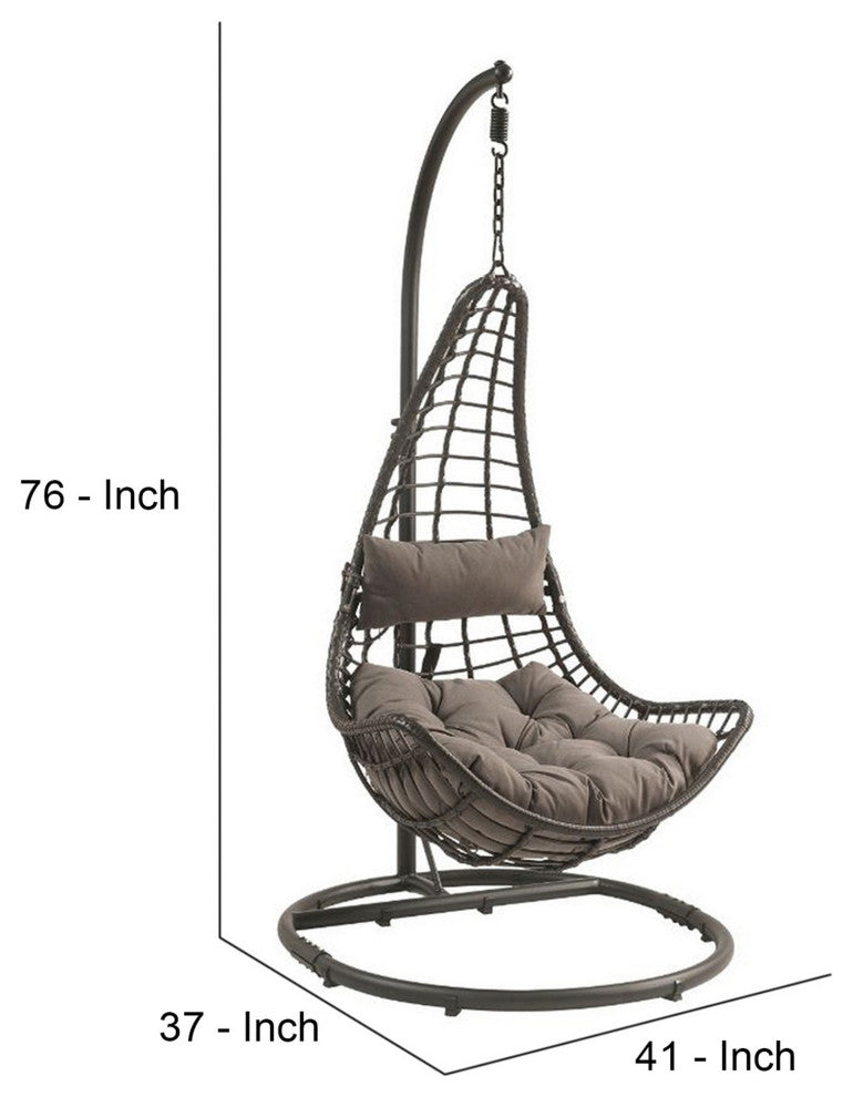 Benzara BM250671 Patio Hanging Chair With Tear Drop Shape & Thick Cushions, Gray