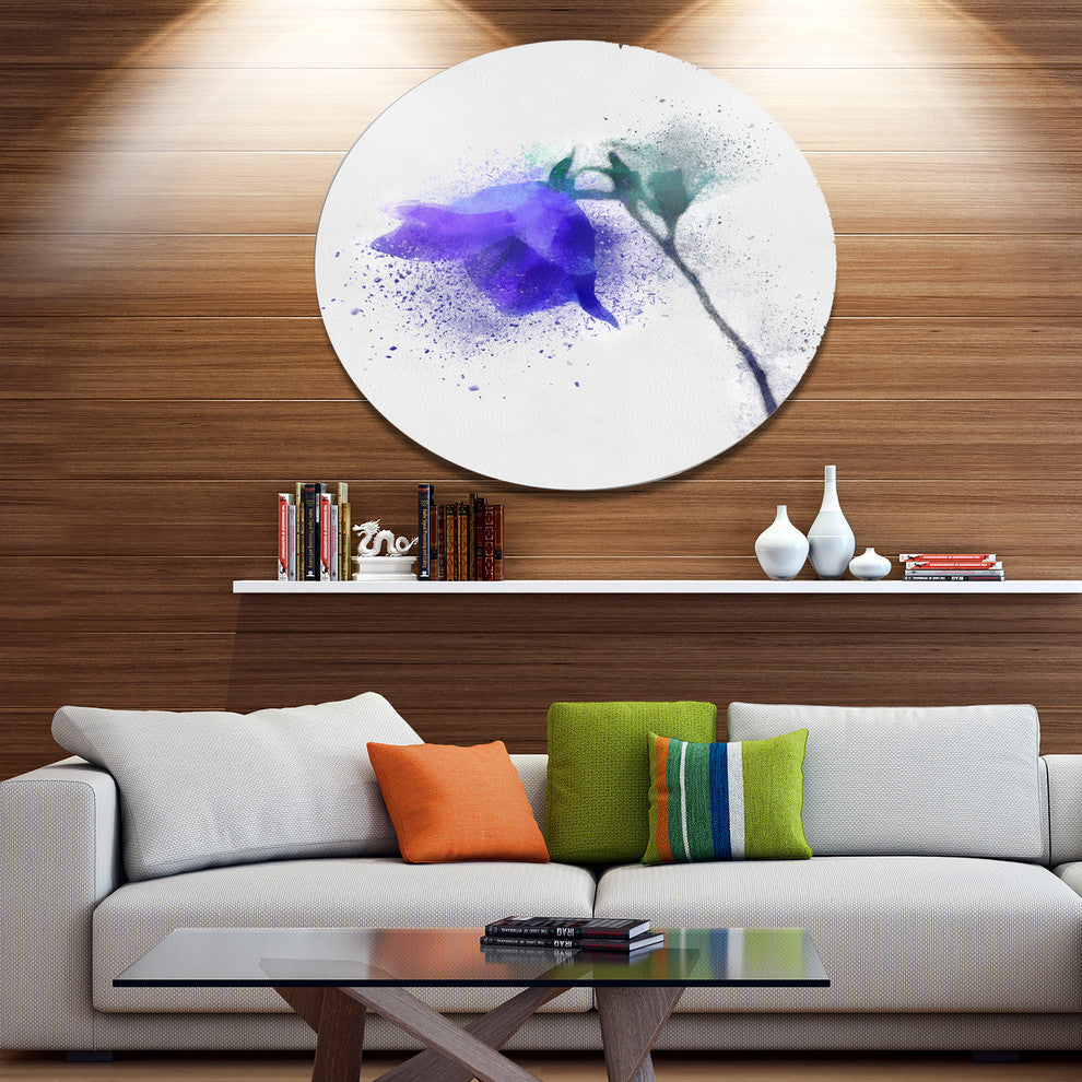 Blue Flower Stem With Color Splashes, Floral Round Wall Art, 23"