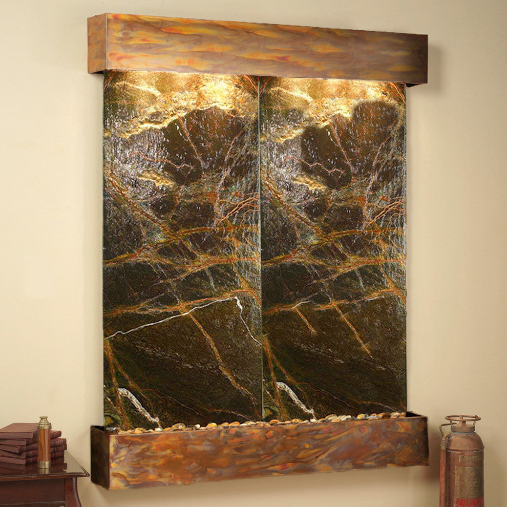 Majestic River Water Fountain, Green Marble, Rustic Copper, Square Edges