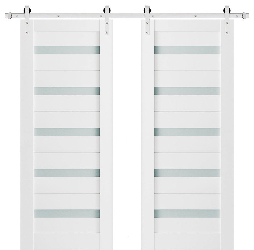 Double Barn Door 60 x 96 Frosted Glass, Quadro 4445 White, Silver 13FT