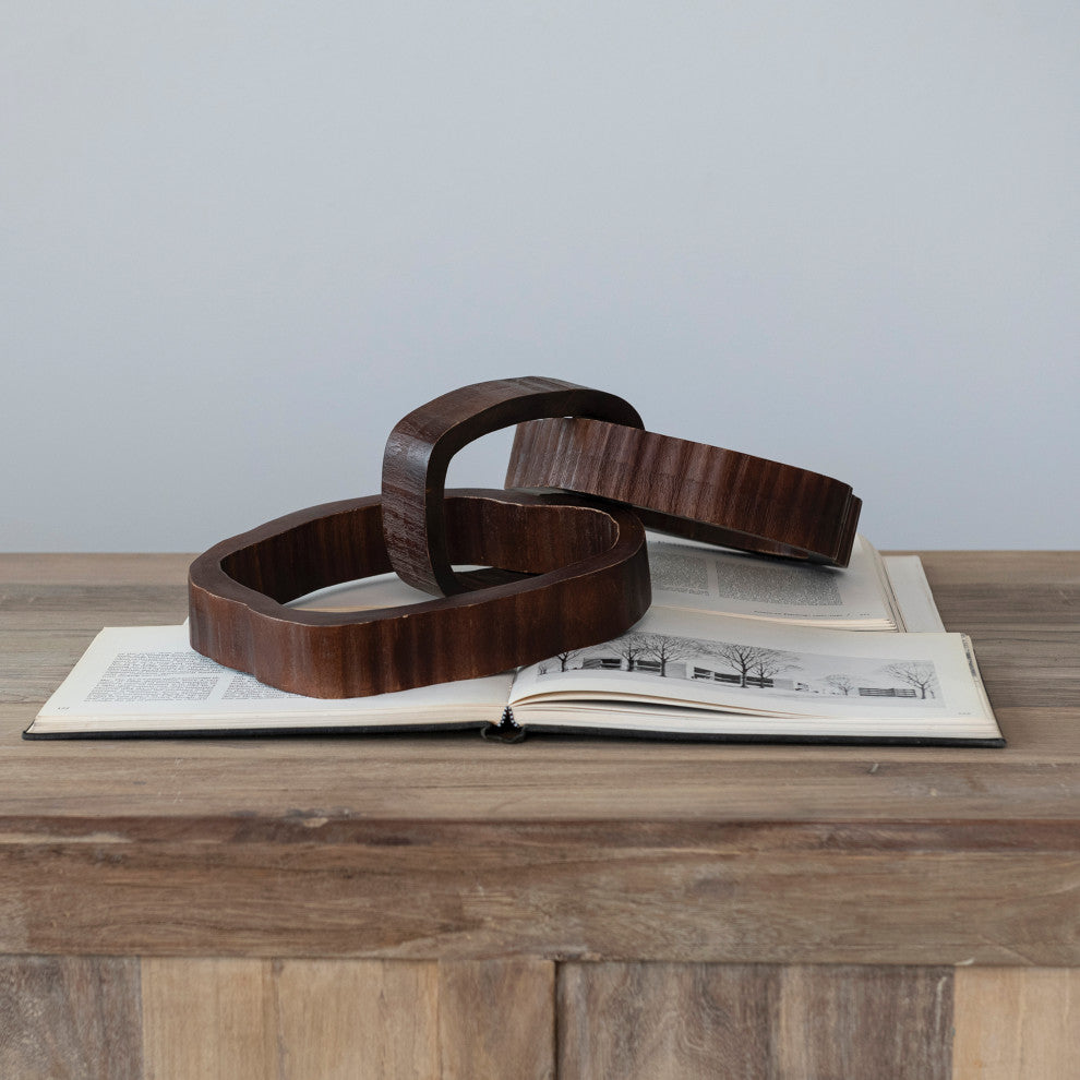 22 Inches Oversized Acacia Wood Chain Decor With 3 Links, Walnut Finish
