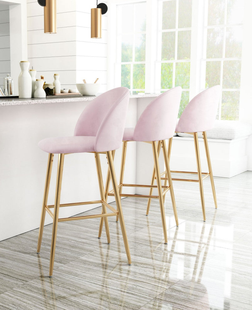 Bar Stool Chair Barstool, Steel Metal, Fabric, Pink, Gold, Kitchen Cafe Bistro