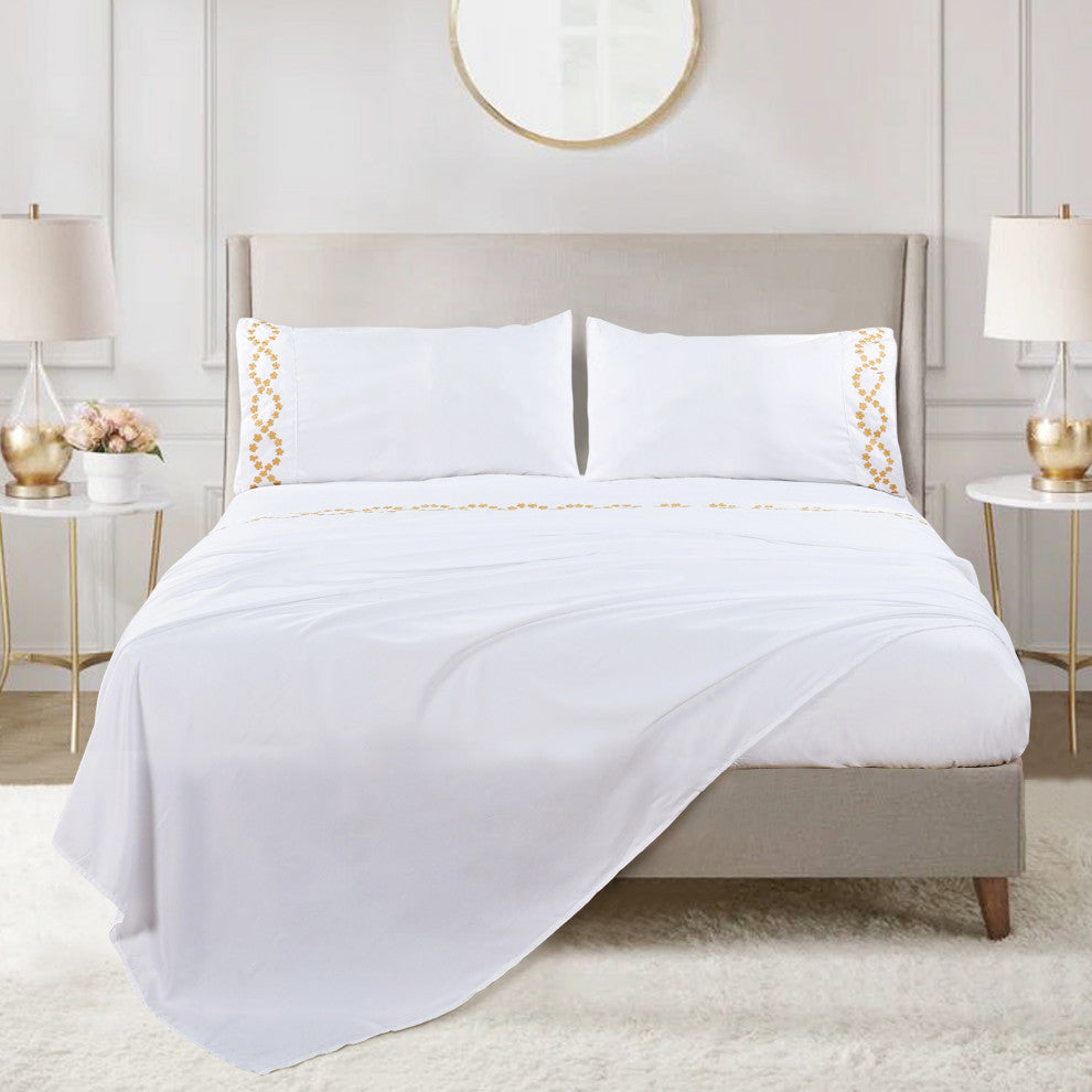 Serenta Puka Lei Embroidered 4 Piece Bed Sheet Set, White, King