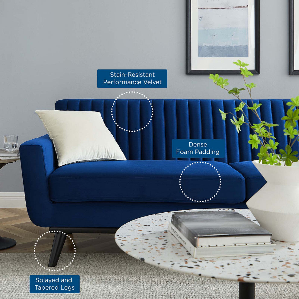 Tufted Sofa, Velvet, Blue Navy, Modern, Living Lounge Hotel Lobby Hospitality
