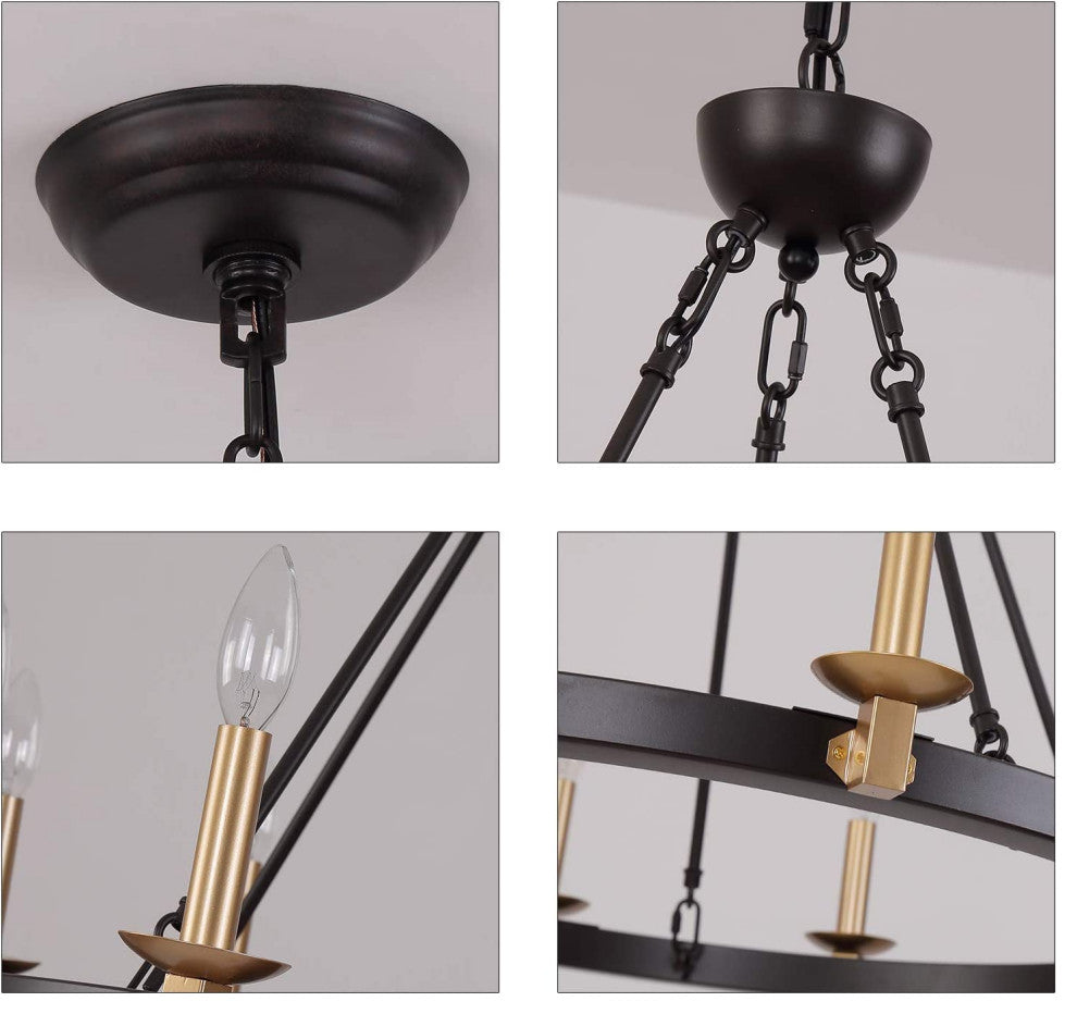 Vintage Wagon Wheel Chandelier Rust Farmhouse Pendant With Black and Gold Finish