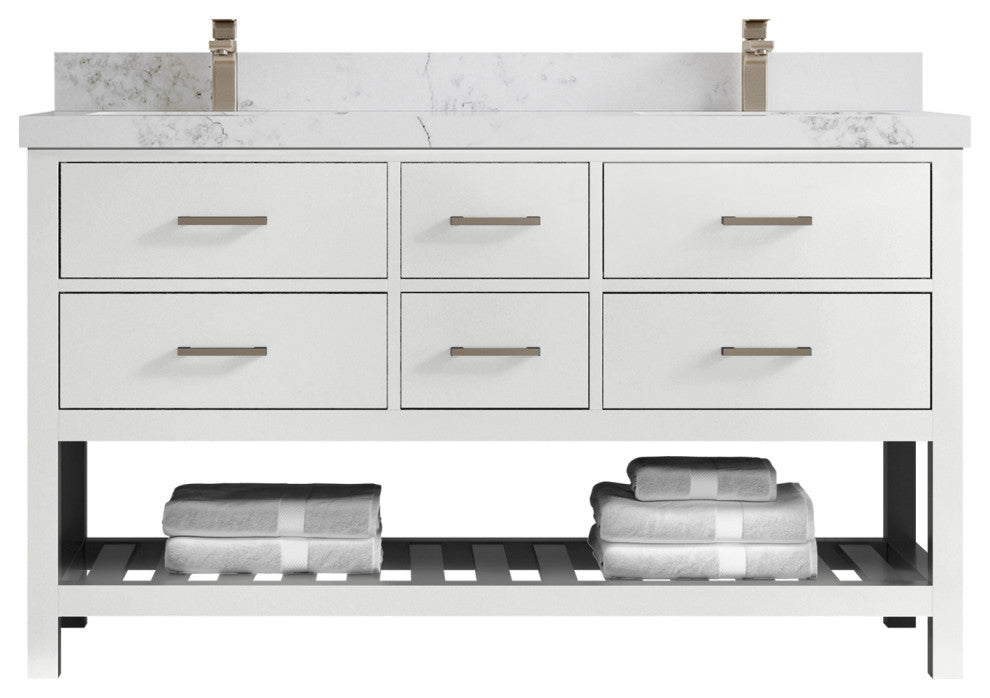 Parker 60 Double Sink Bathroom Vanity in White 2" Calacatta Nuvo