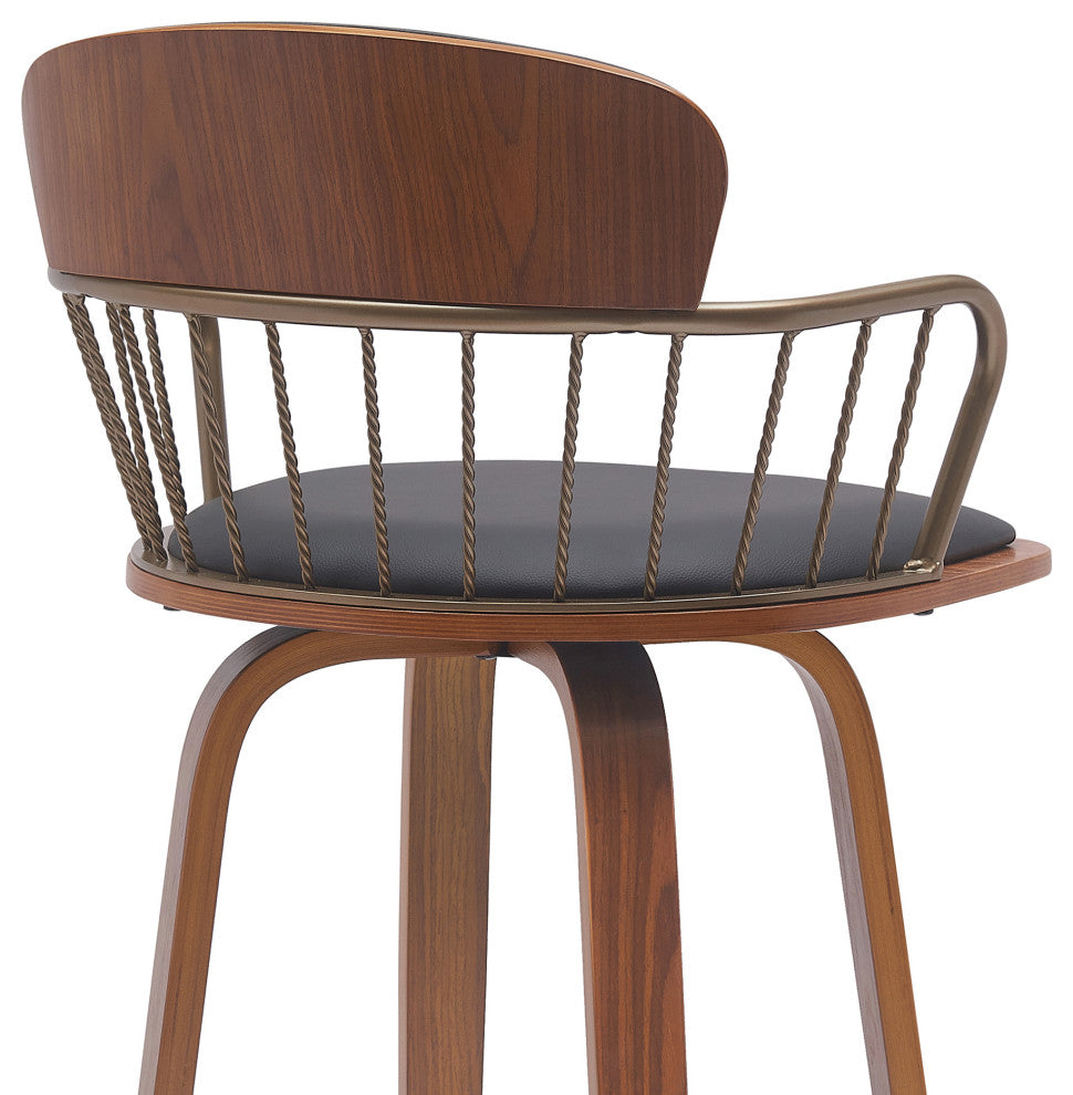 Willow 25.5" Swivel Walnut Wood Counter Stool, Black Faux Leather Bronze Metal, 30