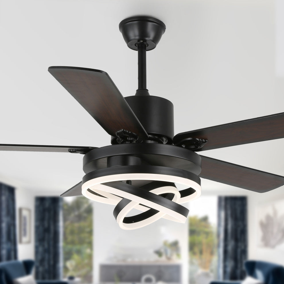 52" Modern Ceiling Fan with Dimmable Light and Remote Control, 6-Speed, Black, 52