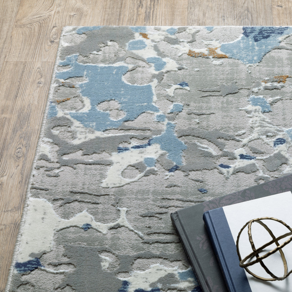 Emery Marble Grey/Blue Indoor Area Rug, 2'3" x 7'6"