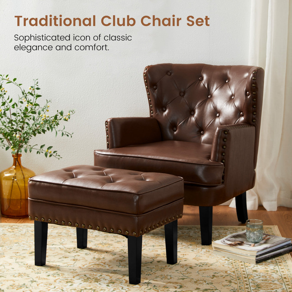 Set of 2 Accent Chair and Accent Stool, Coffee