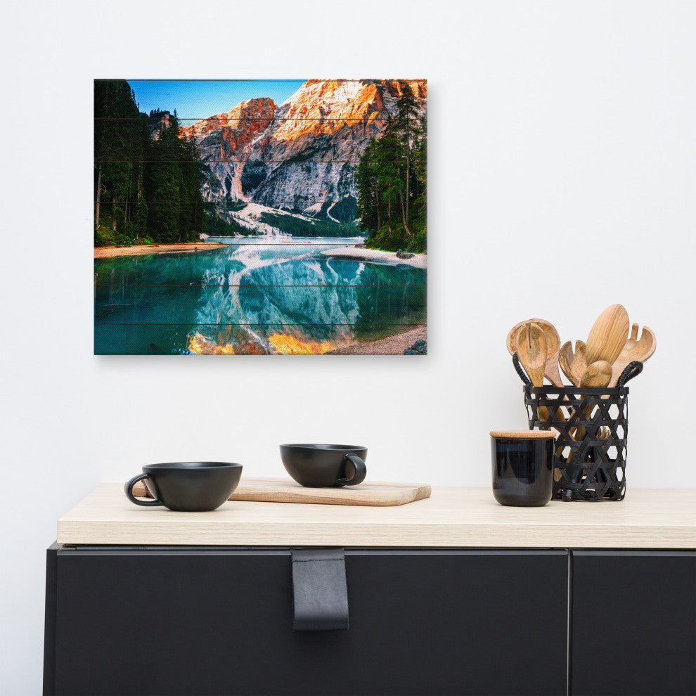 Faux Wood Misty Lake and Snow-cap Mountain Reflections Canvas Prints, 16" X 20"