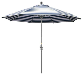 9' Grey Collar Tilt Lift Fiberglass Rib Aluminum Umbrella, Olefin, Navy White Cabana Stripe