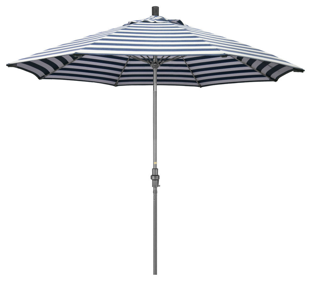 9' Grey Collar Tilt Lift Fiberglass Rib Aluminum Umbrella, Olefin, Navy White Cabana Stripe