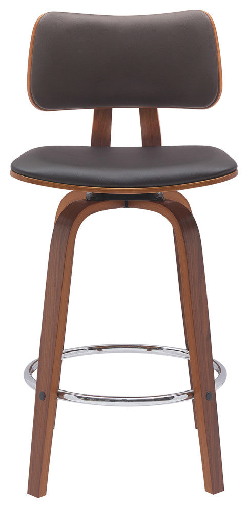 Pico 26" Swivel Walnut Wood Counter Stool, Brown Faux Leather With Chrome, 26
