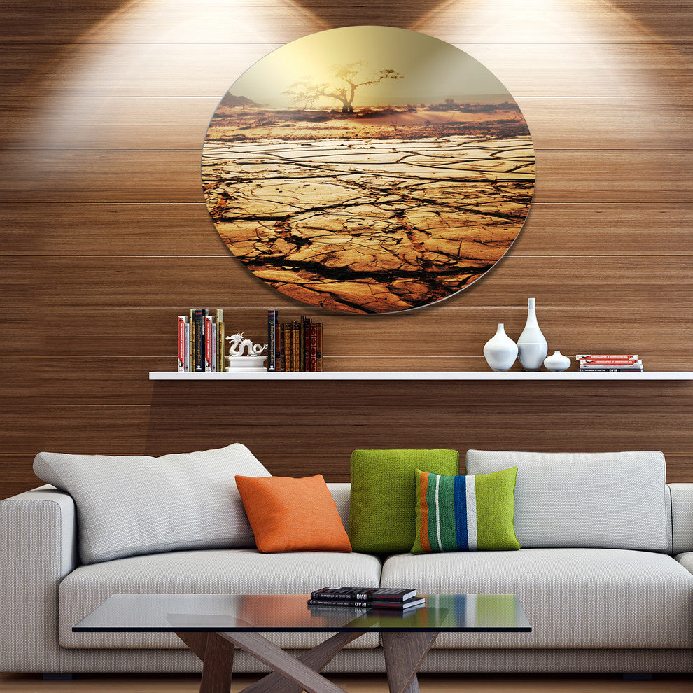 Lonely Tree In Drought Land, African Landscape Disc Metal Wall Art, 36"