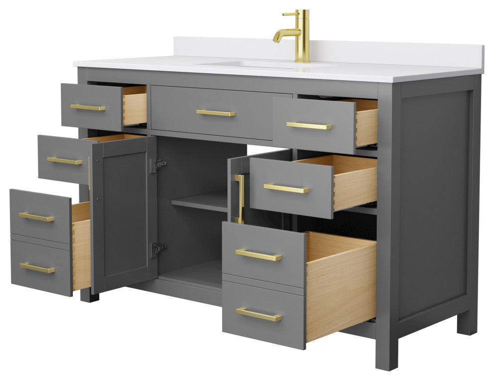 54"SGL Bathroom Vanity Dark Gray, White Cult. Marble Countertop, Sink, Gold Trim