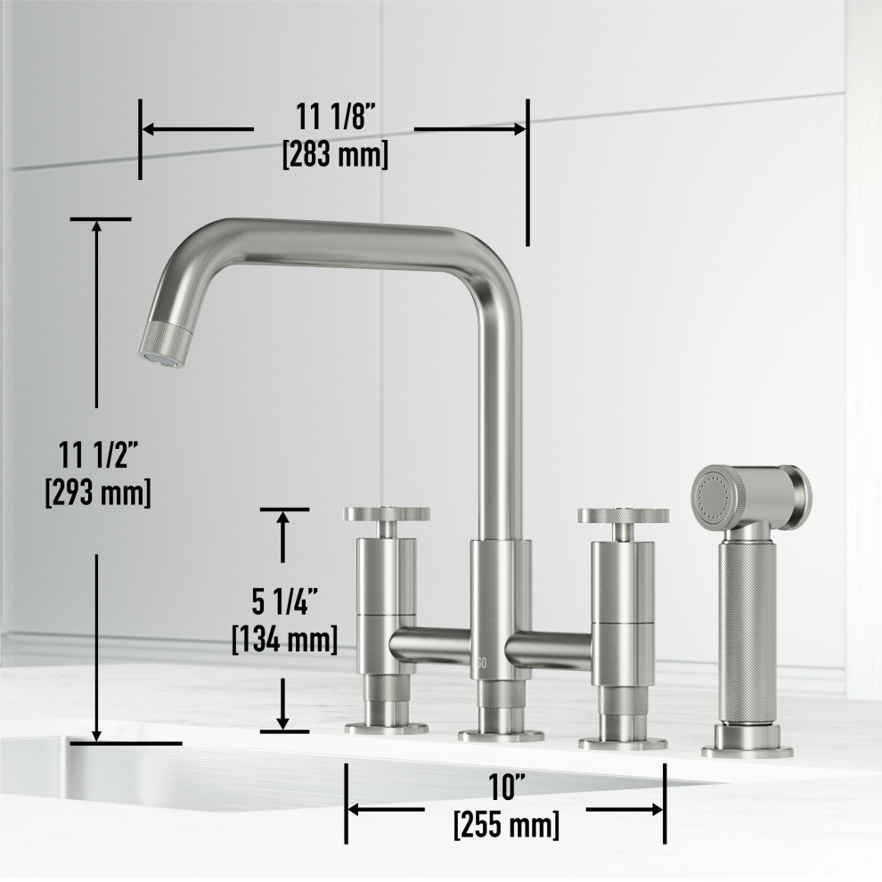 VIGO Cass 12" H 2-Handle Widespread Bridge Pull-Out Sprayer Kitchen Faucet, Stainless Steel