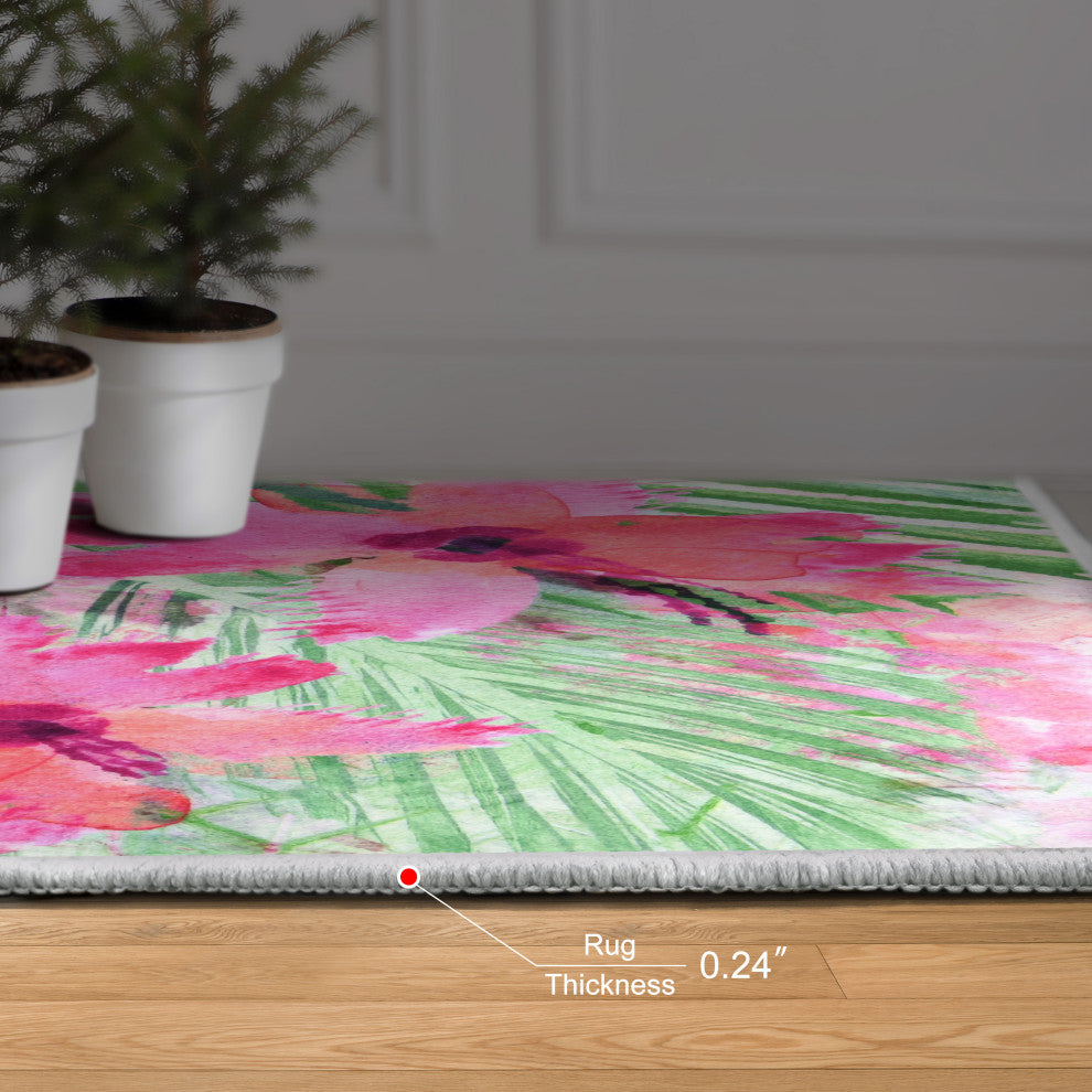 Pink Green Floral I Hand Washable Flowers Power-loomed Art Area Rug, 5'x7.5'