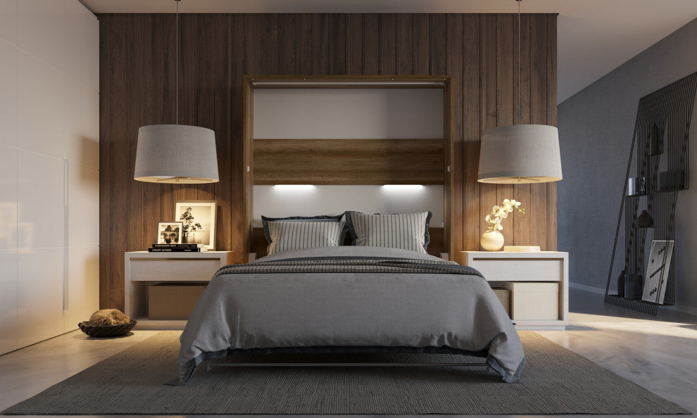 INVENTO Vertical Murphy Bed with LED and Mattress 63x78.7", Oak Country/White