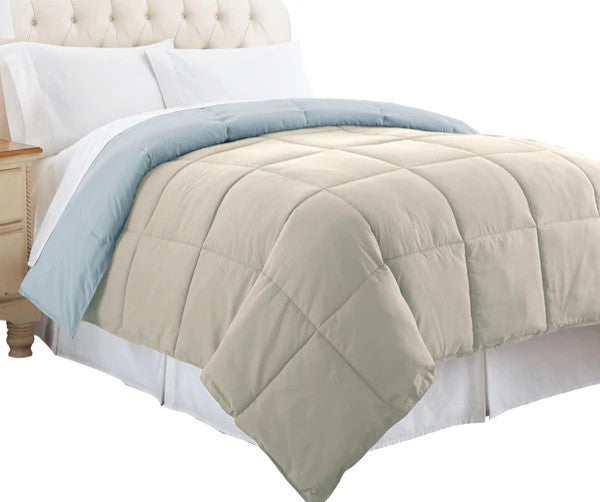 Benzara BM46021 Twin Size Box Quilted Reversible Comforter, Gray and Blue