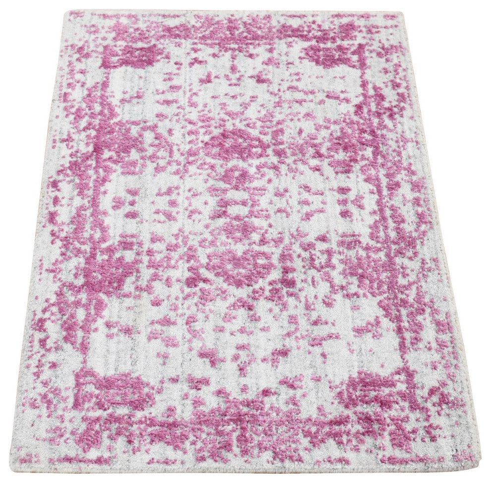 Pink, Fine Jacquard, Hand Loomed Wool and Plant Based Silk Mat Rug, 2'0"x3'0"