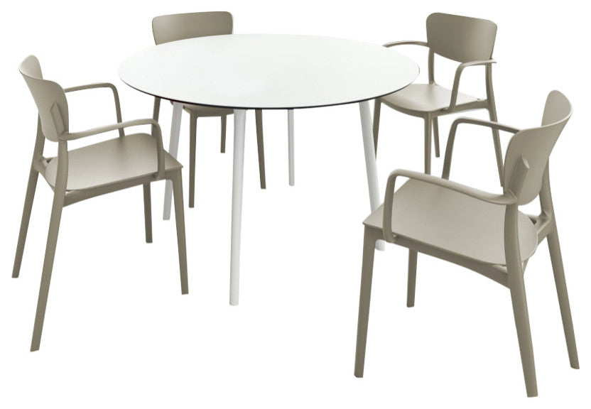Lisa Round Dining Set With 47" White Table and Taupe Armcairs