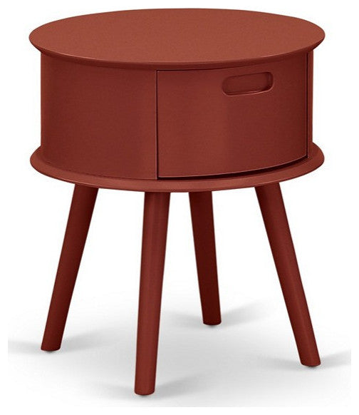 Gordon Round Night Stand End Table With Drawer, Burgundy Finish