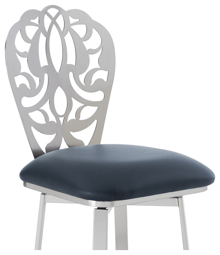 30" Gray Faux Leather Scroll Brushed Stainless Steel Swivel Bar Stool