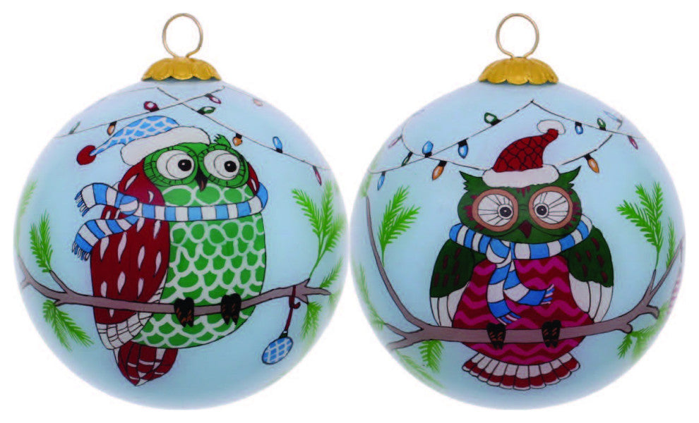 Whimsical Owl Hand Painted Mouth Blown Glass Ornament
