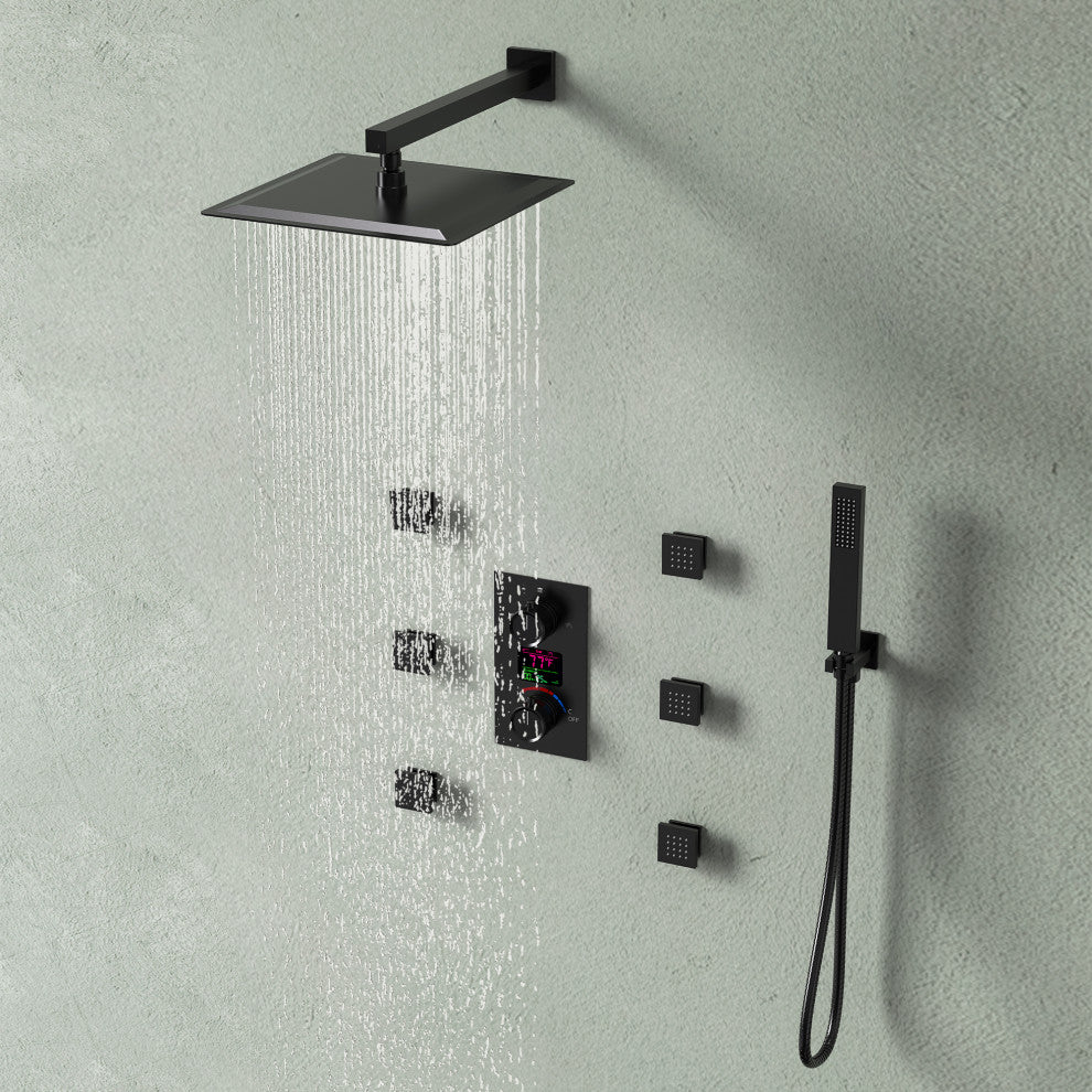 LED Temperature Digital Display Shower System With Body Jets, Matte Black, 12 Inches
