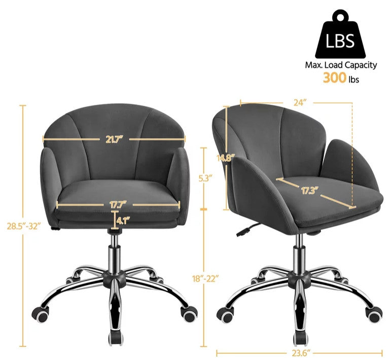 Set of 2 Office Chair, Silver Base With Channel Stitched Velvet Seat, Dark Gray