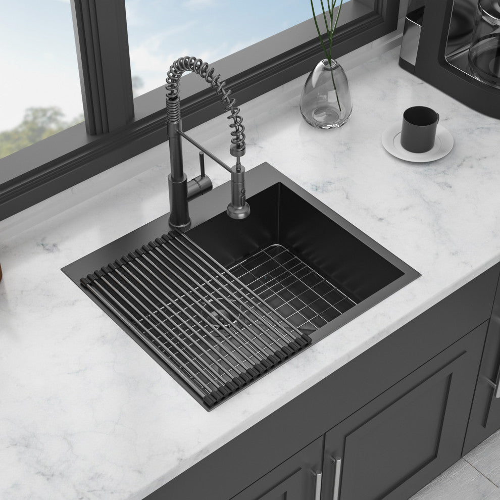 Black Stainless Steel Single Bowl Drop-In Kitchen Sink with Rinse Grid, Gunmetal Black, 25'' X 22''