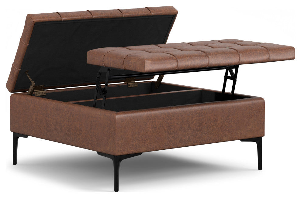 Laura Mid Century Lift Top Storage Ottoman, Distressed Saddle Brown