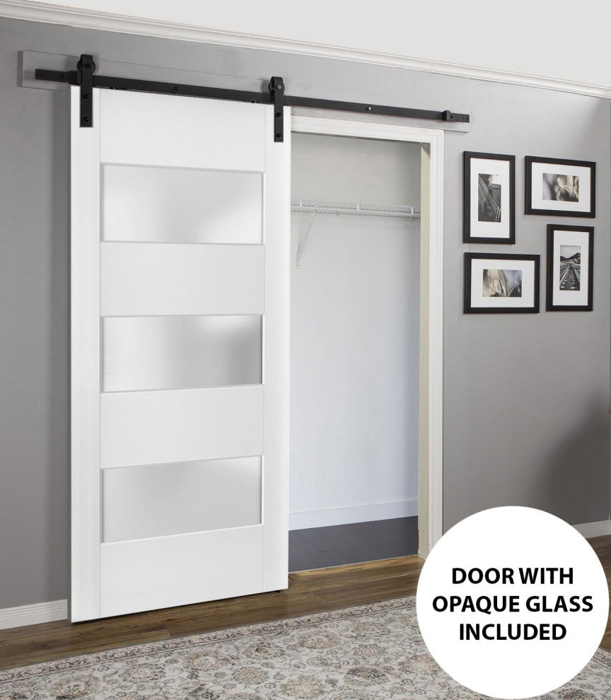 Barn Door 42 x 96 Frosted Glass 3 Lites, Lucia 4070 White Silk, 8FT Rail Kit
