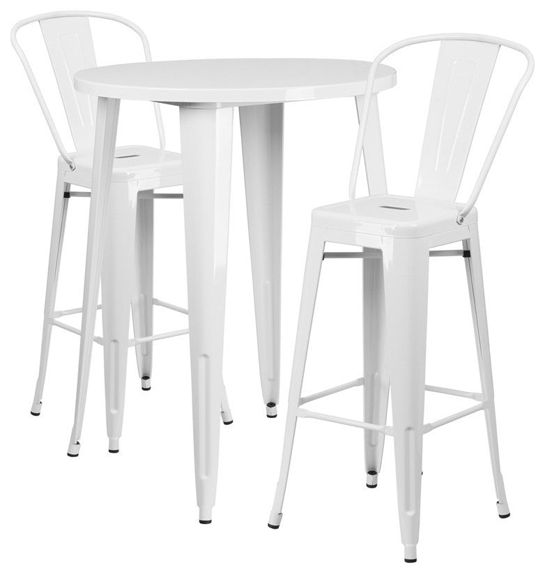 30" Round White Metal Indoor-Outdoor Bar Table Set with 2 Cafe Stools
