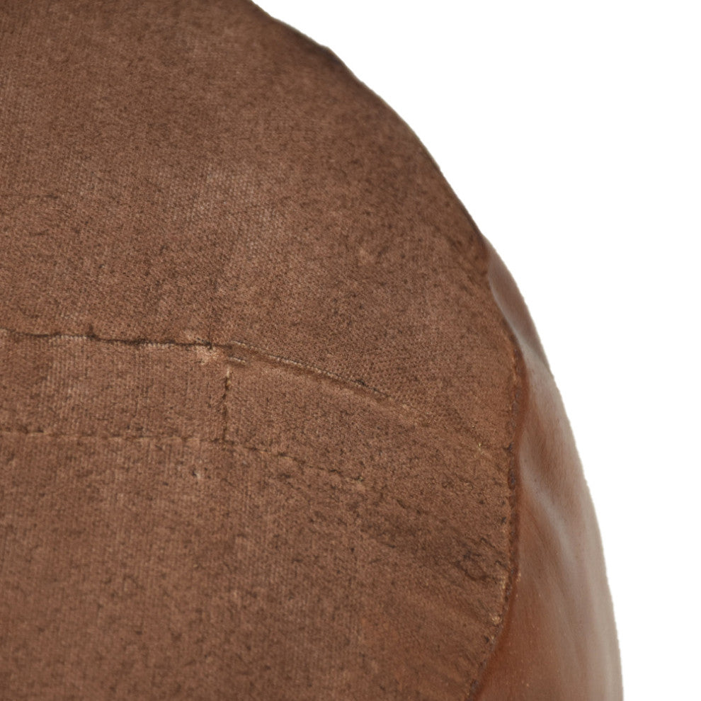 Pouf-Solid Handmade Leather Pouf (Recycled Foam with Fiber Fill), Light Brown, {Round]14x14x14