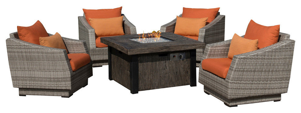 Cannes 5 Piece Sunbrella Outdoor Patio Fire Chat Set, Orange